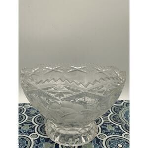 Vintage Lead Crystal Lausitzer Footed Bowl Sawtooth Edge Etched Floral Design